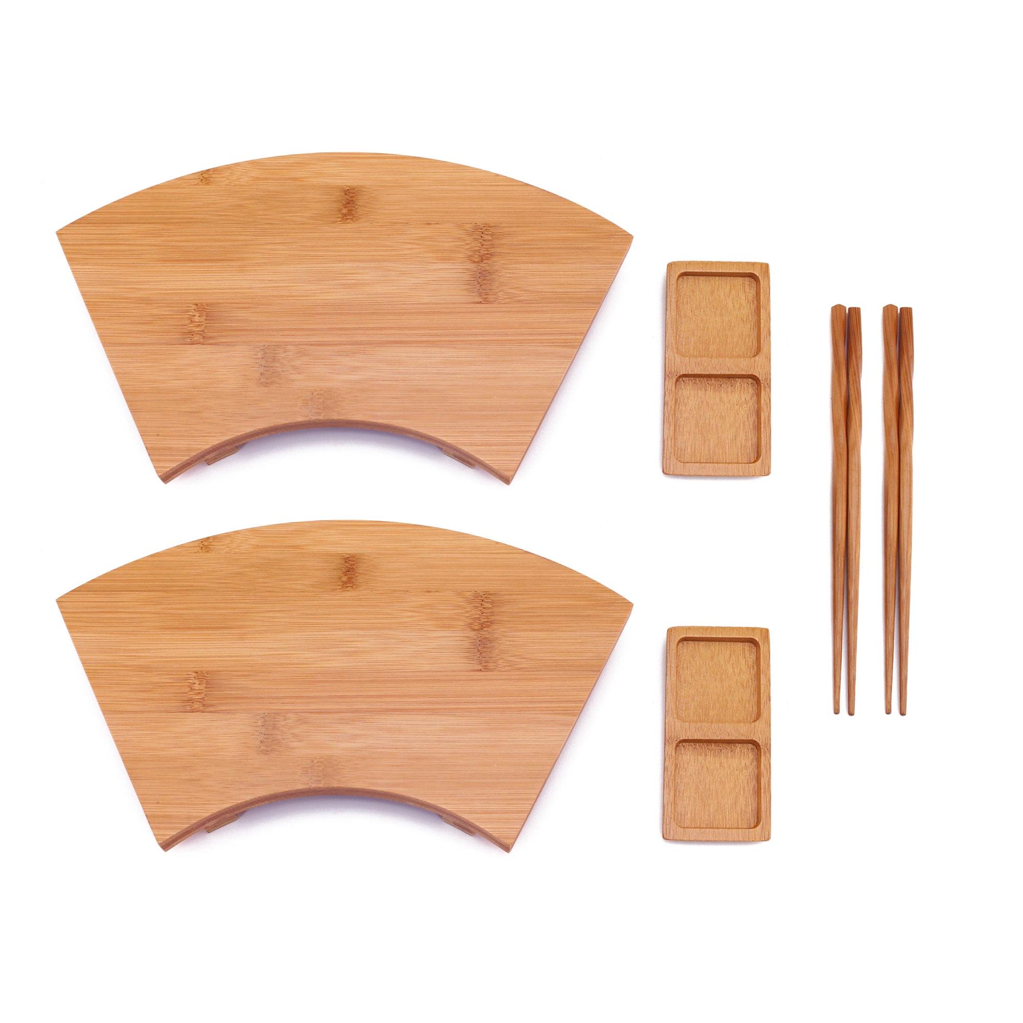 BambooMN Bamboo Sushi Board Tray, Chopsticks and Compartment Sauce Dish, 11.6" Fan - 2 Sets