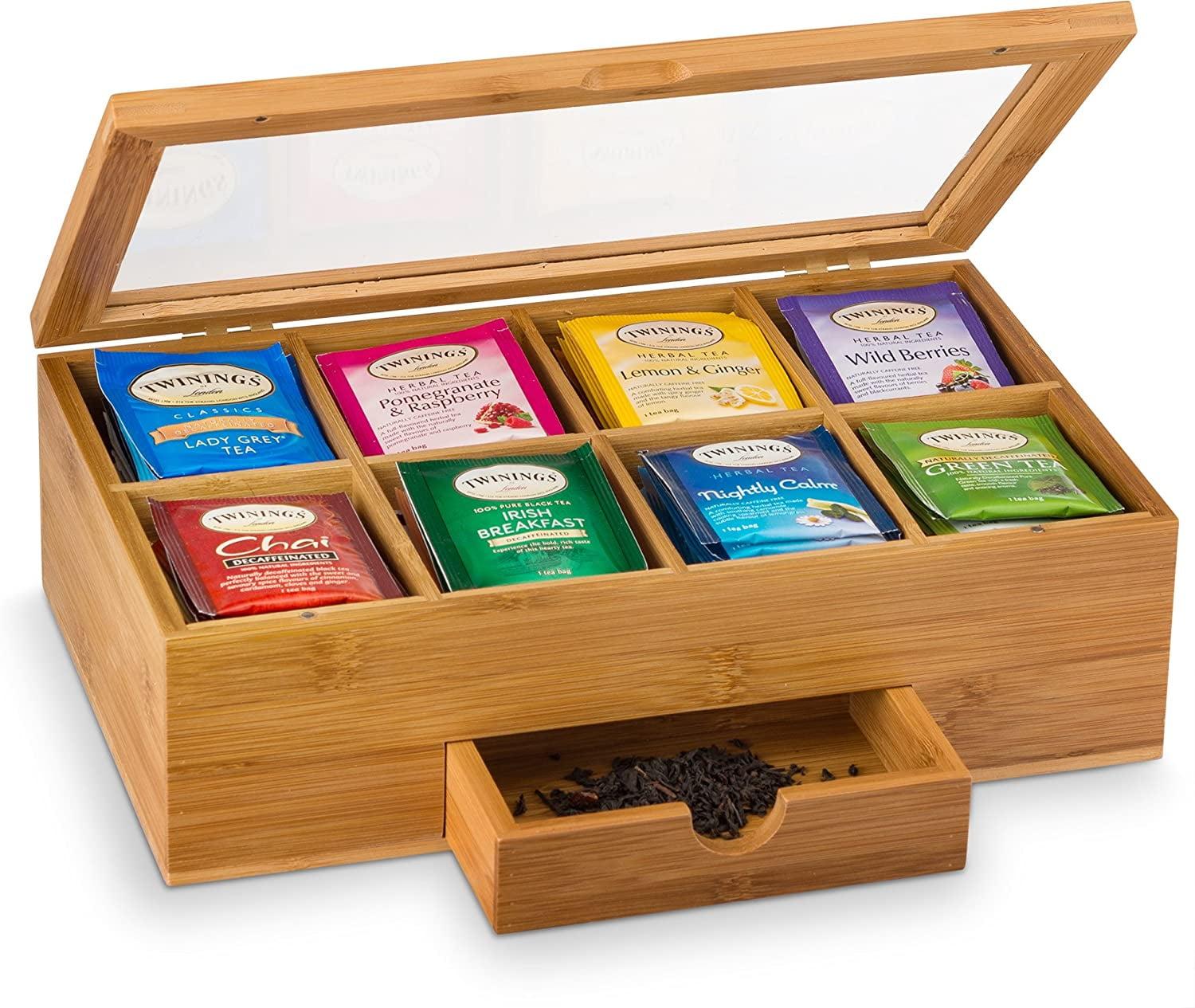 Bamboo Tea Bag Organizer - Tea Organizer: Wooden Tea Box with 8 Compartments, Acrylic Window, and Magnetic Lid, Keeps Tea Bags Fresh - Great Gift Idea