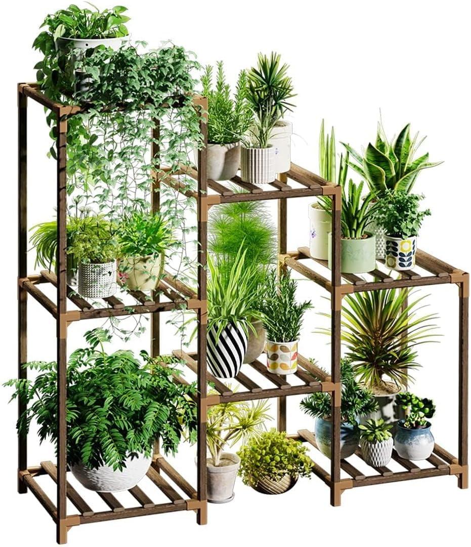 Bamworld Plant Stand Indoor Plant Shelf Outdoor Wood Plant Rack for Multiple Plants 3 Tiers Ladder Plant Holder for Living Room Patio Boho Home Decor for Gardening