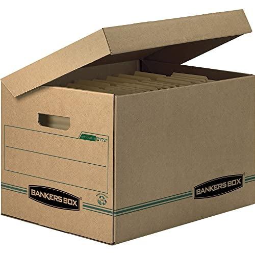 Bankers Box 12 Pack SYSTEMATIC Basic-Duty 100% Recycled File Storage Boxes, Standard Setup, Attached Flip Top Lid, Letter/Legal, Kraft/Green