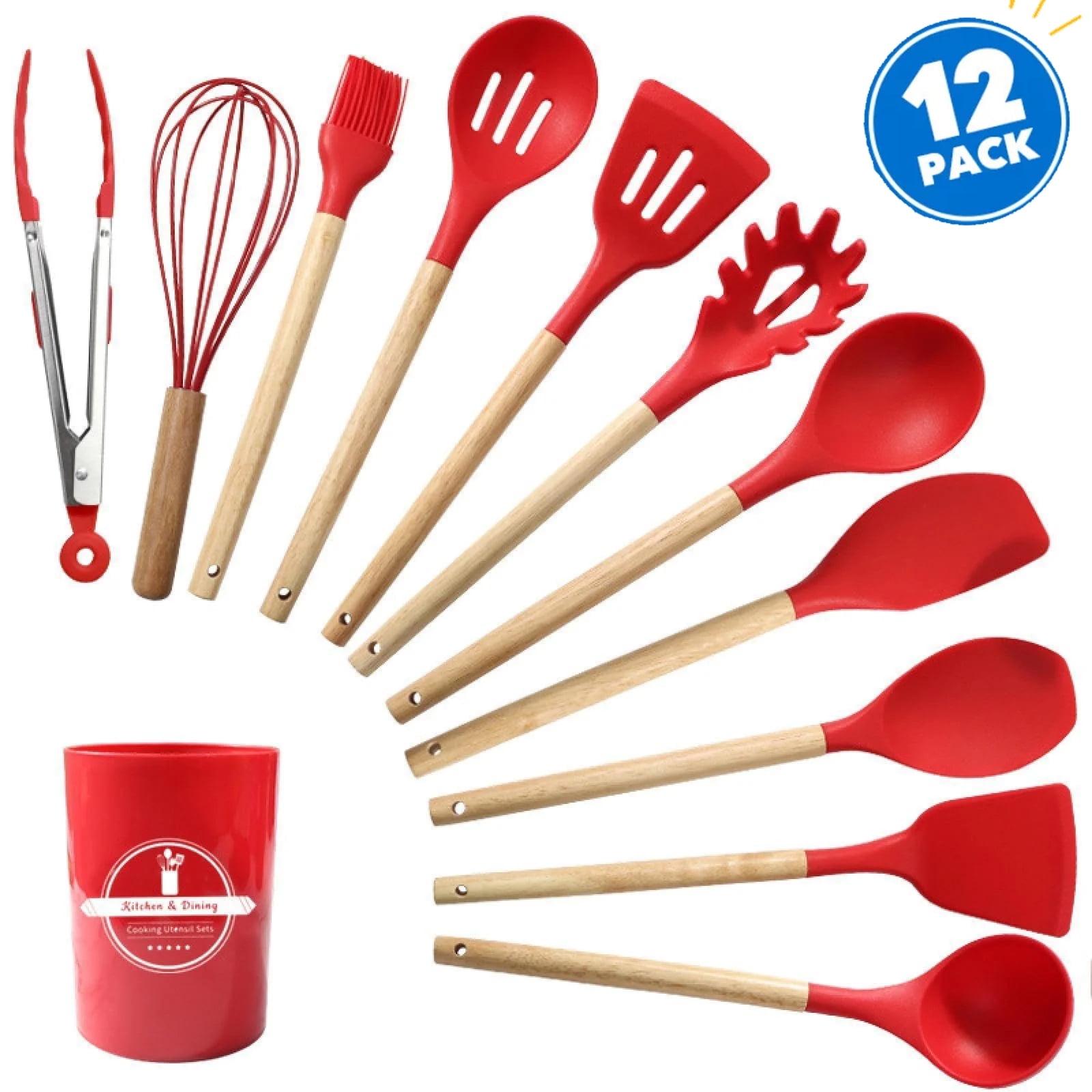 NNGYNX 12-Piece Silicone Kitchen Utensils Set with High Temperature Resistant and Non-stick Wooden Handles and Bucket  Complete with Spatula and Spoon