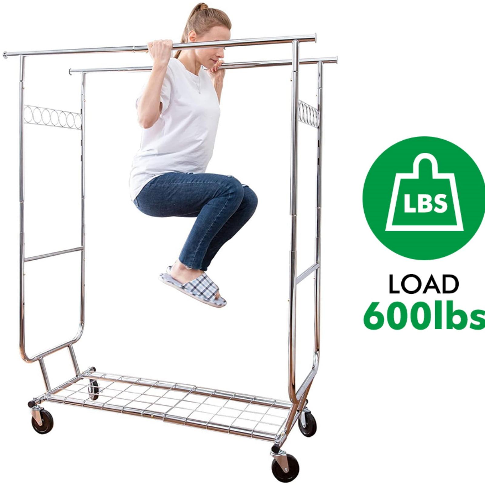 Heavy Duty Silver Metal Rolling Clothes Rack with Shelves