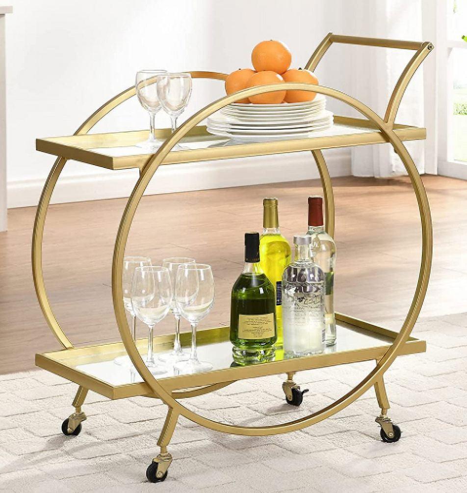 Bar Cart, 2 Tier Mobile Mini Bar, Kitchen Serving Cart and Coffee Station with Storage for Liquor, Metal and Mirror, Use for Home Kitchen Club Living Room, 27"x14"x28"