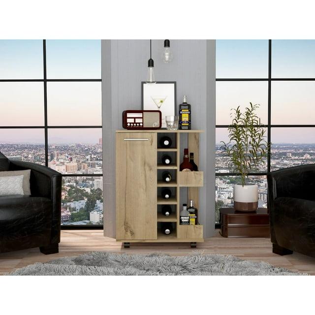 Bar Cart, Two External Shelves, Four Casters, Six Wine Cubbies, Single Door Cabinet