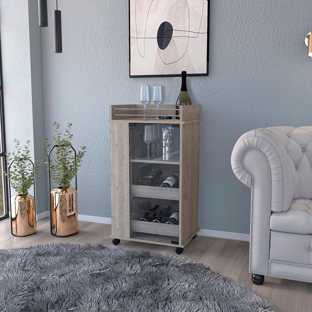 Modern Light Gray Rectangular Bar Cart with Glass Door and Storage