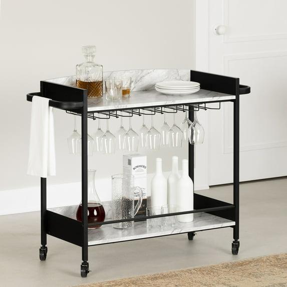 City Life Bar Cart with Wine Glass Rack Black/Faux Carrara Marble - South Shore