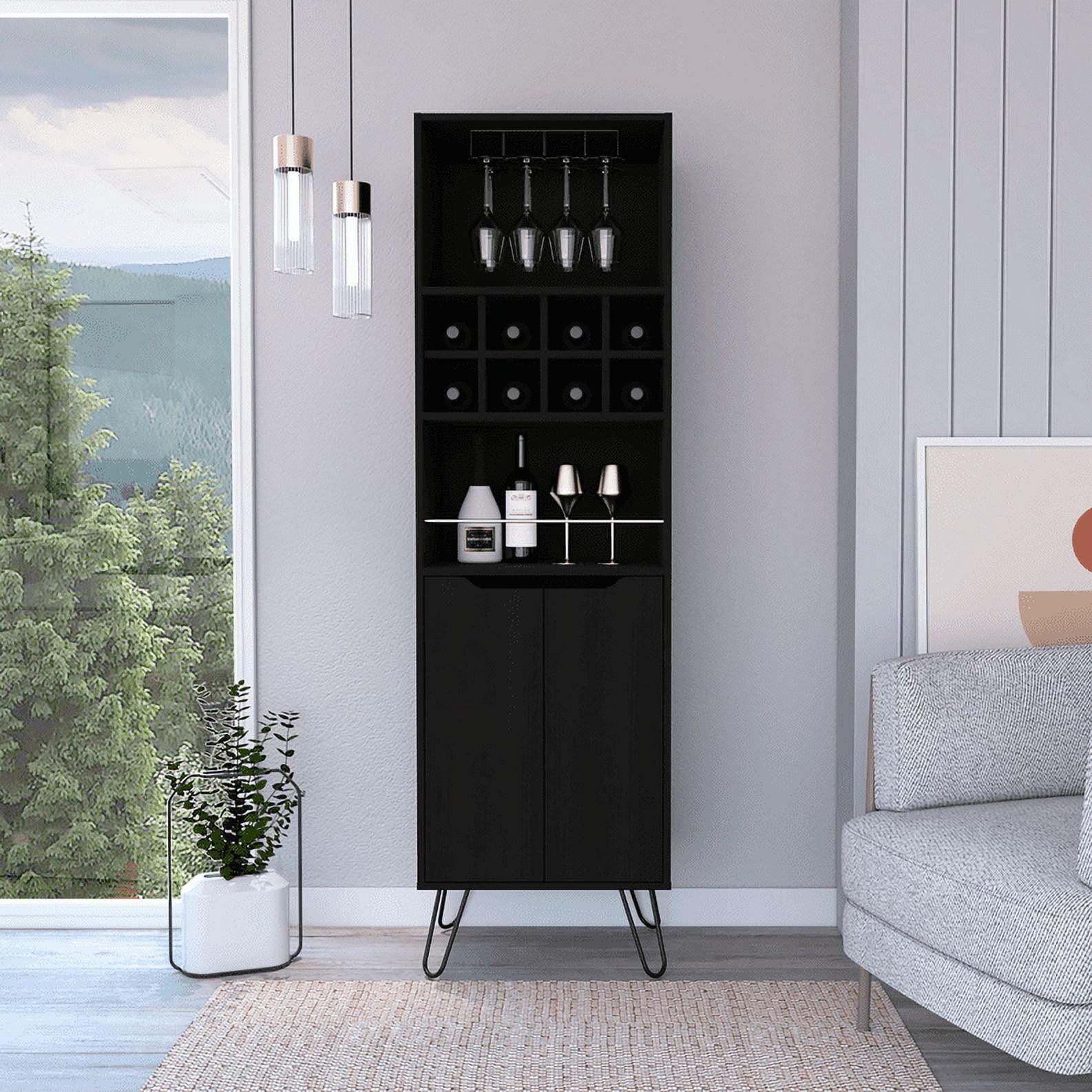 Bar Double Door Cabinet 8 Built in Wine Rack 4 Legs 4 Shelves Black