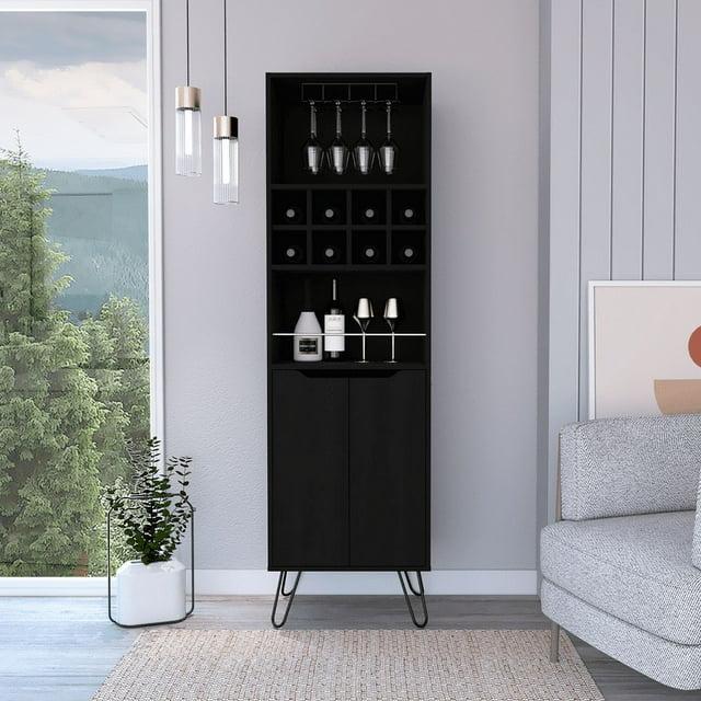 Bar Double Door Cabinet 8 Built in Wine Rack 4 Legs 4 Shelves Black