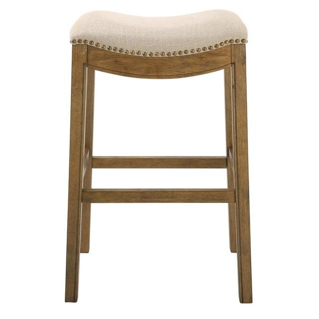 Bar Height Saddle Style Counter Stool with Cream Fabric & Nail Head Trim - 31 x 14.8 x 20.3 in.
