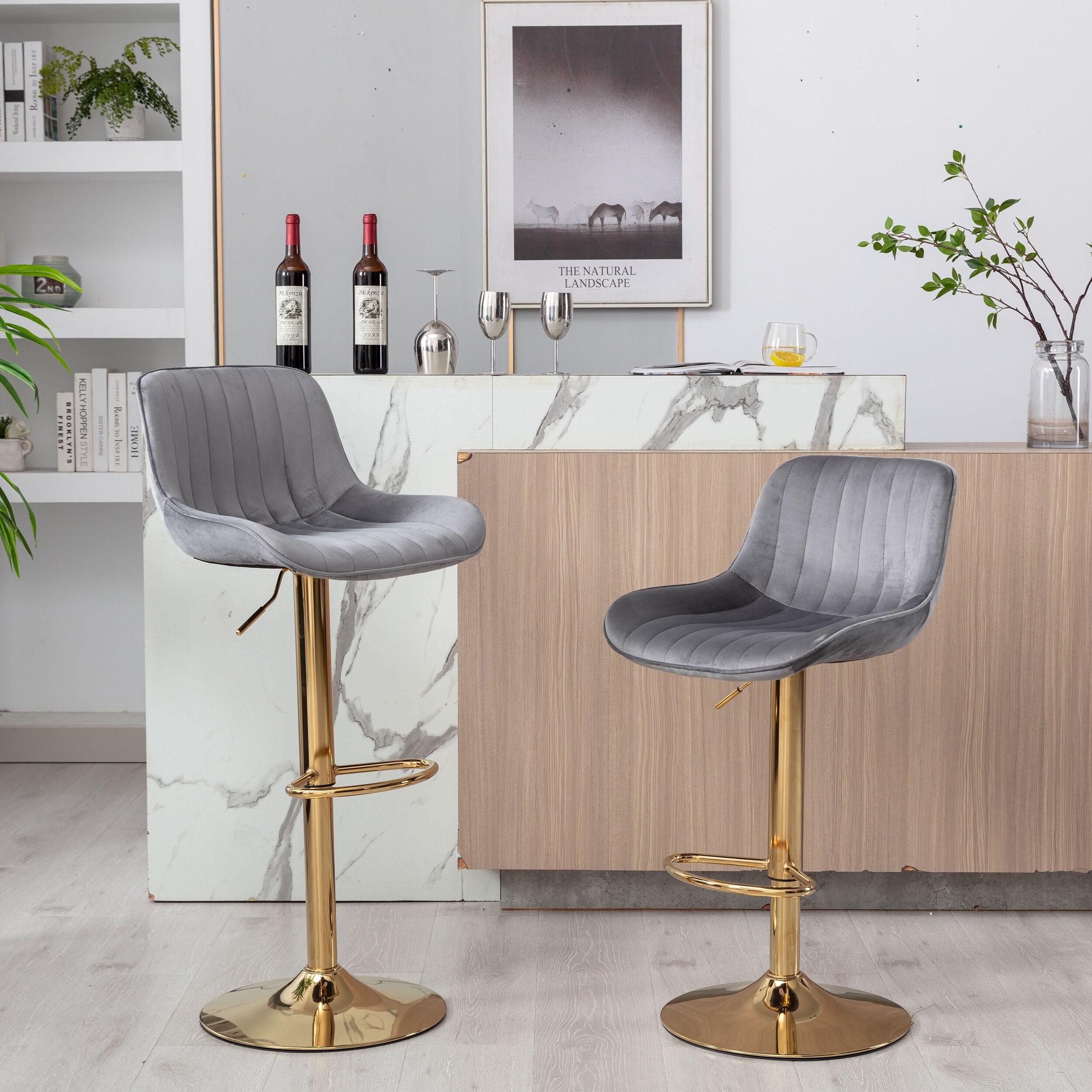 Gray Velvet Swivel Bar Stools with Gold Base, Set of 2