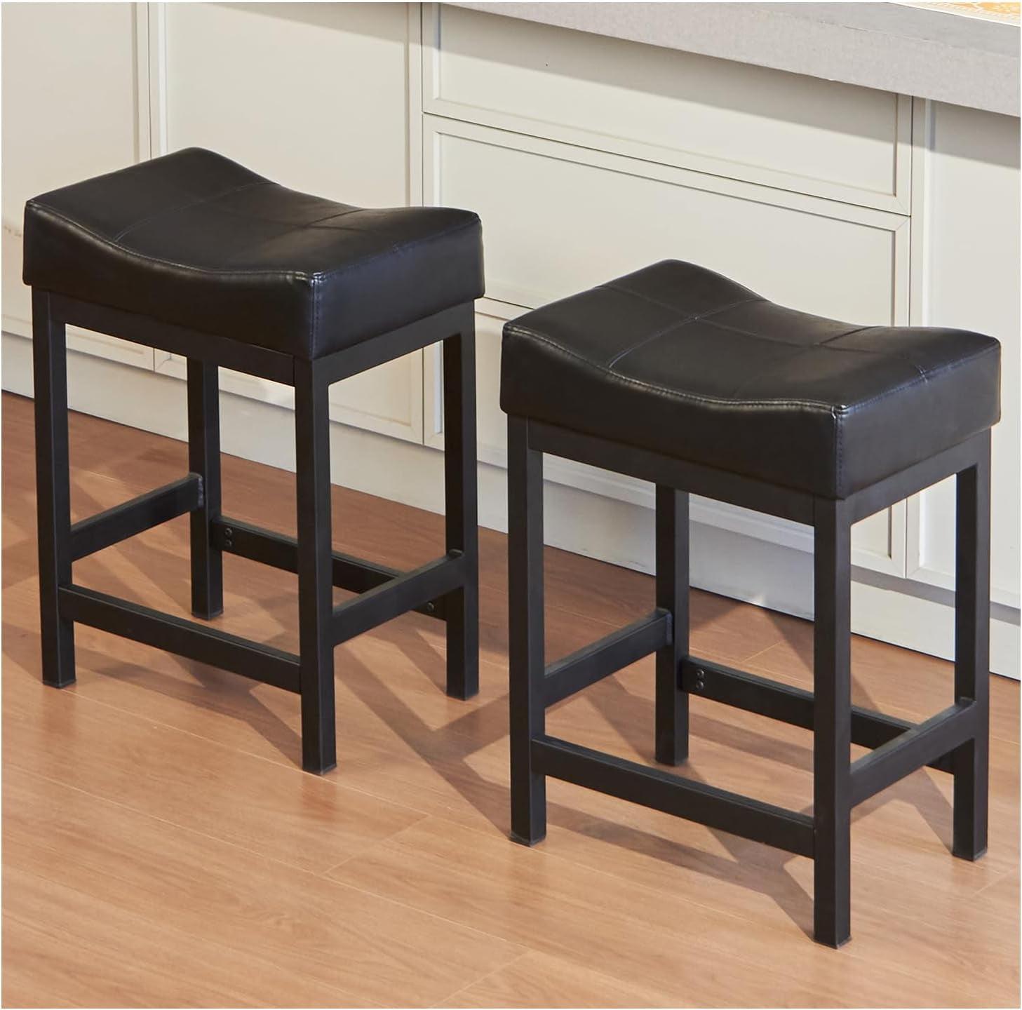 24-Inch Black Metal and Leather Saddle Bar Stools, Set of 2