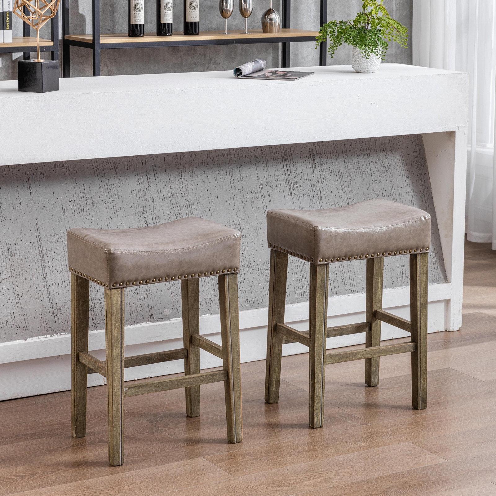 26" Gray Saddle Style Backless Wood and Leather Bar Stools