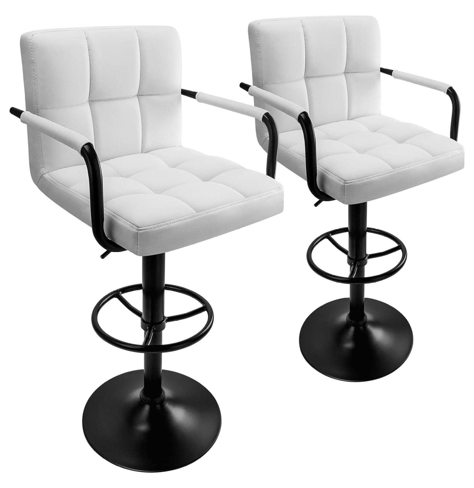 White Faux Leather Adjustable Swivel Bar Stools with Arms, Set of 2