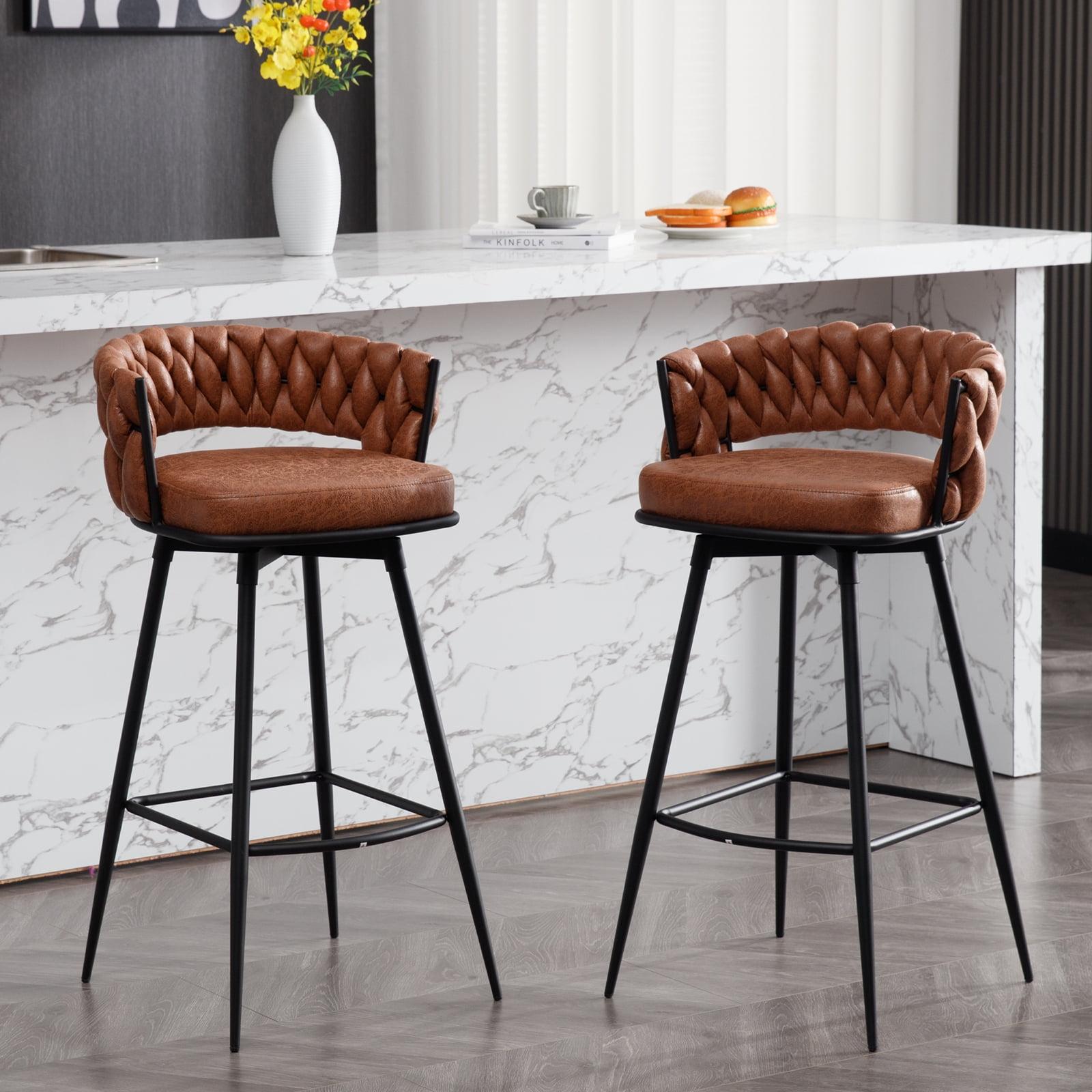 Whiskey Brown Leather Swivel Bar Stools with Steel Frame, Set of 2