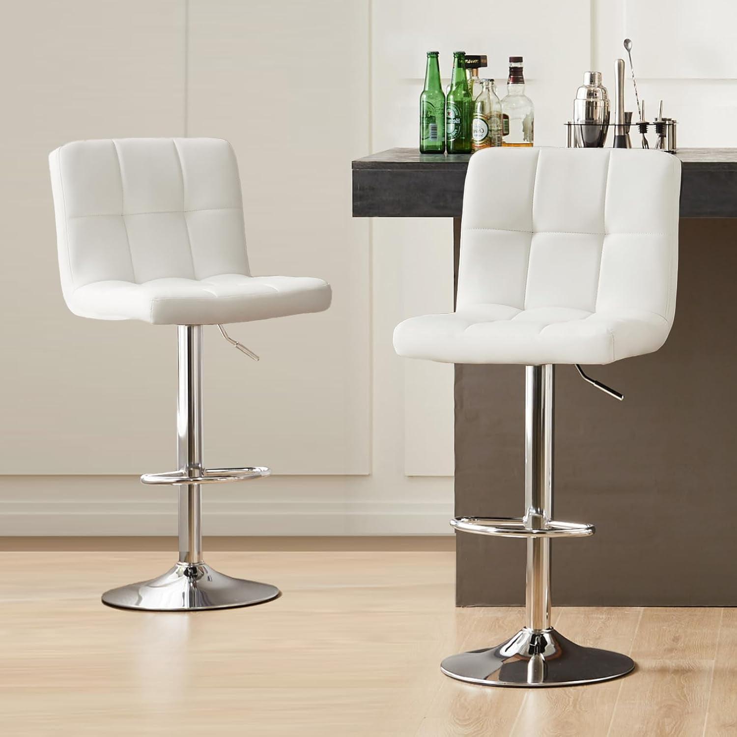 White Adjustable Swivel Metal and Leather Bar Stools, Set of 2