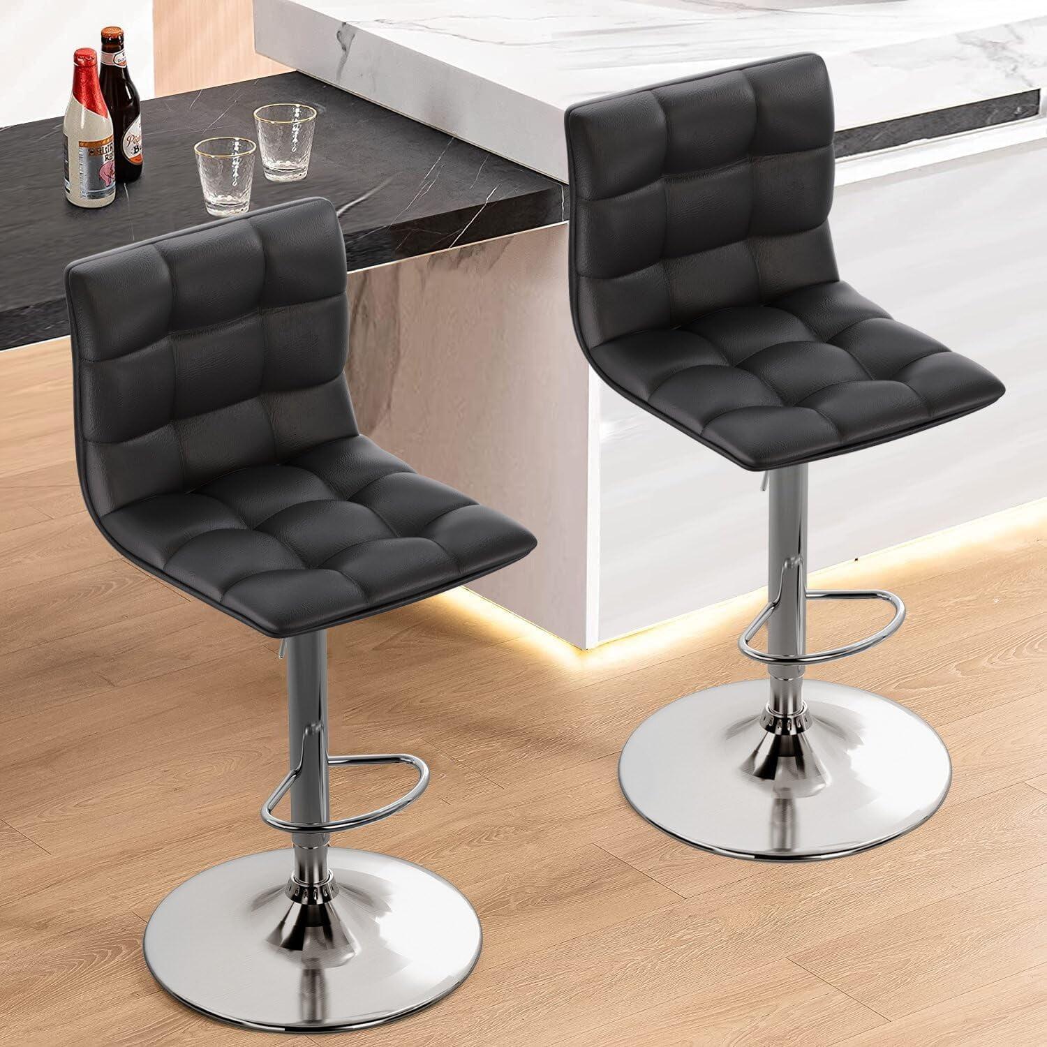 Dkelincs Set of 2 Swivel Bar Stools PU Leather Counter Height Bar Stools Adjustable Bar Chairs with Chrome Base & Footrest, Black