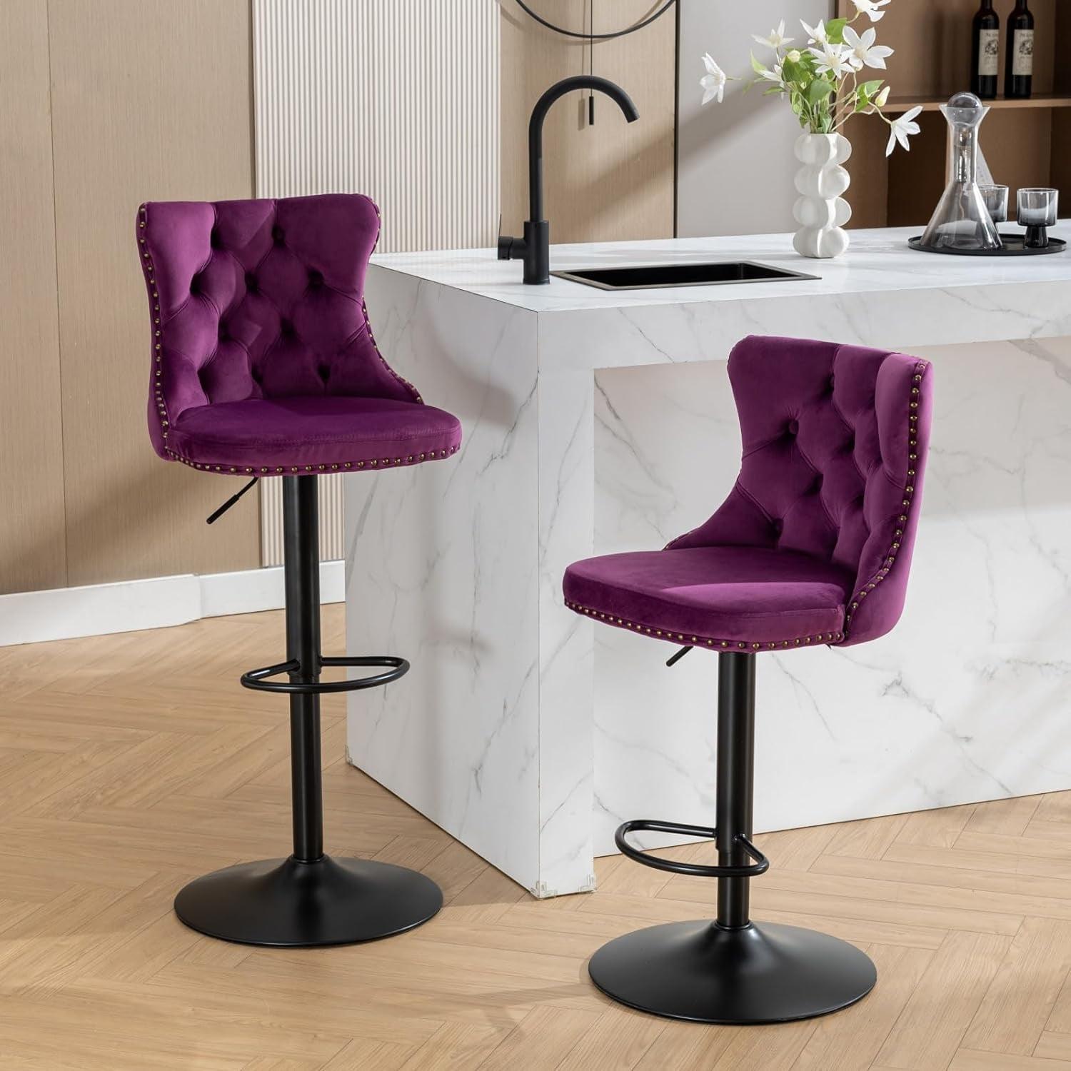 Bar Stools Set of 2, Swivel Barstools with Nailheads Trim, Velvet Button Tufted Back and Black Footrest, Adjustable Counter Height Bar Chairs for Kitchen Island Dining Room Pub, Purple