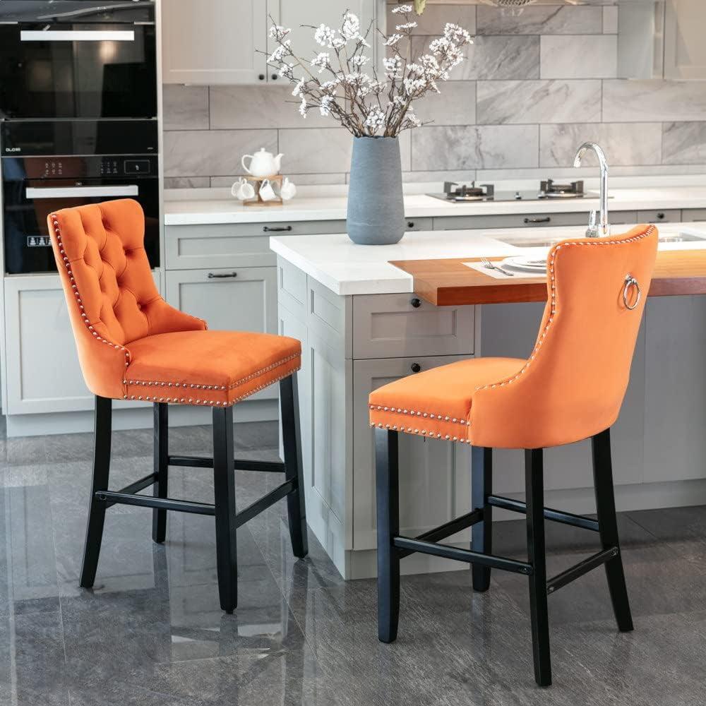 Aoowow Velvet Upholstered Counter Height Bar Stools Set of 2, Counterstool Seat Height 27.2", Wingback Armless Bar Chairs Button Tufted with Solid Wood Legs for Kitchen Island Bar Area (Orange)