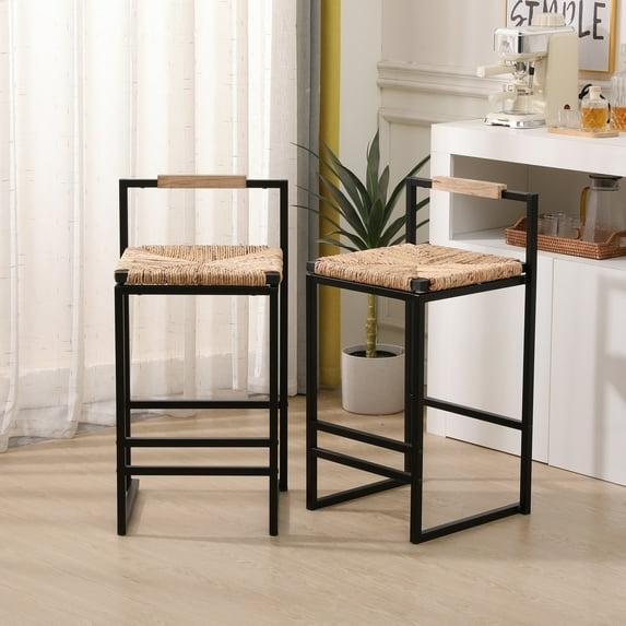Set of 2 Black Metal Bar Stools with Natural Woven Seats