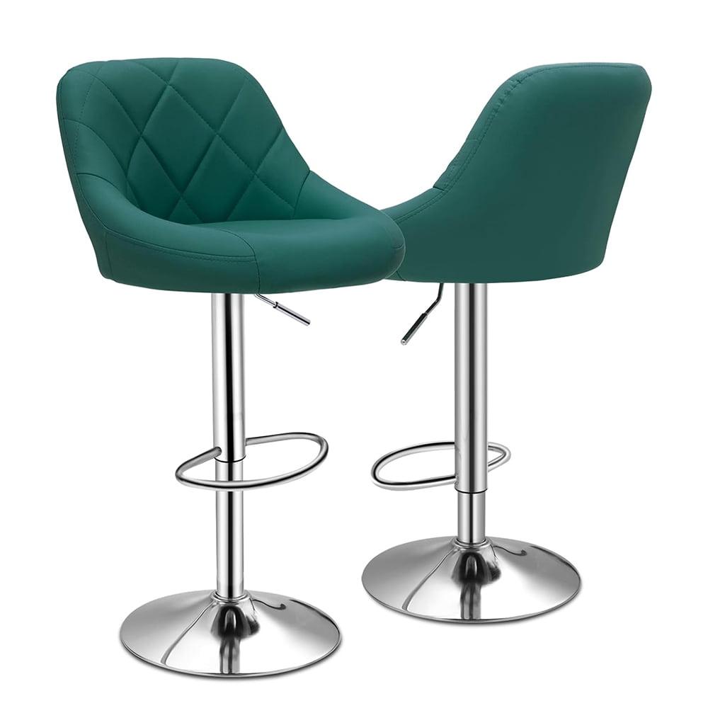 Teal Green Adjustable Swivel Barstools with Metal Frame and Leather Upholstery, Set of 2