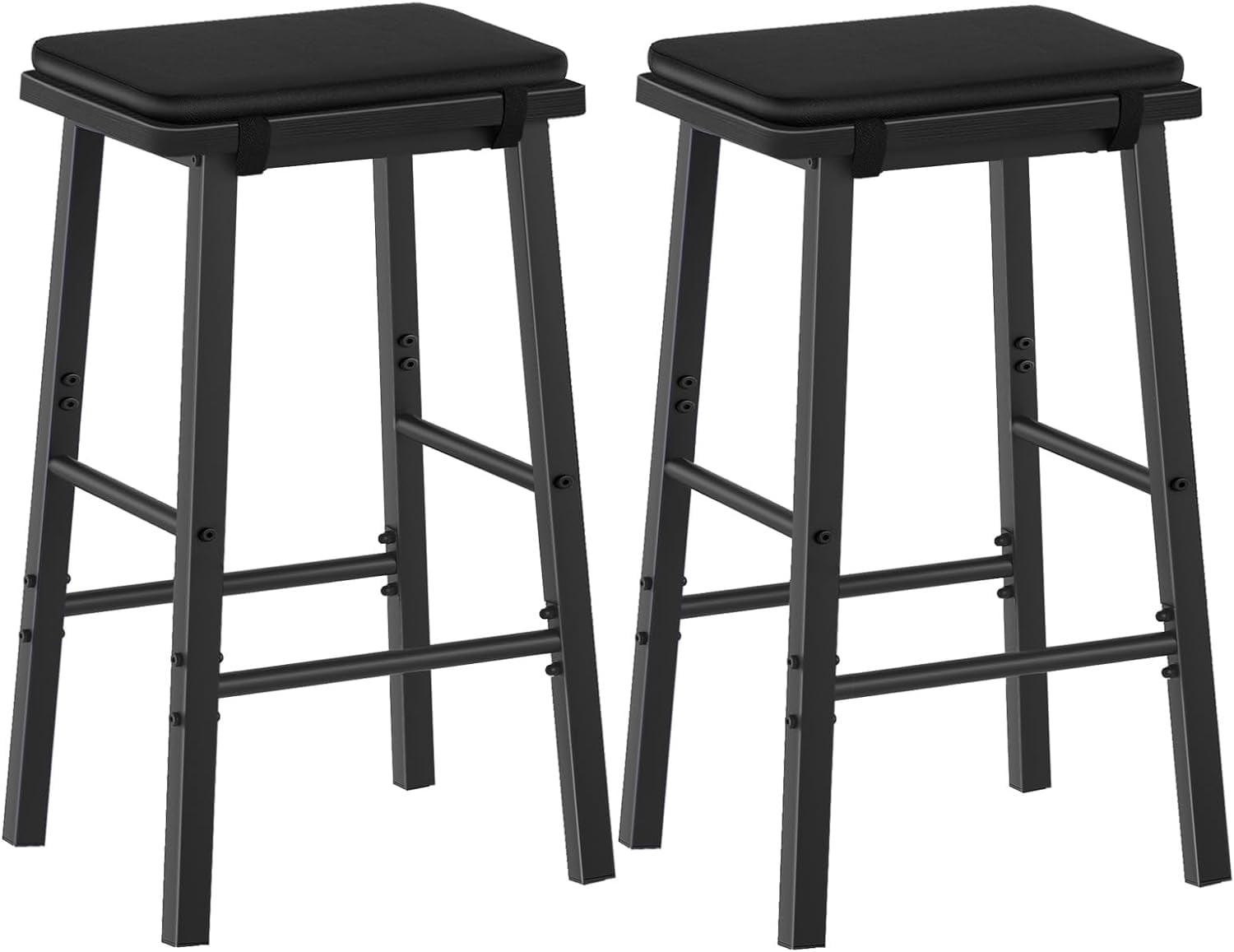 Black Metal and Leather Counter Height Bar Stools, Set of 2