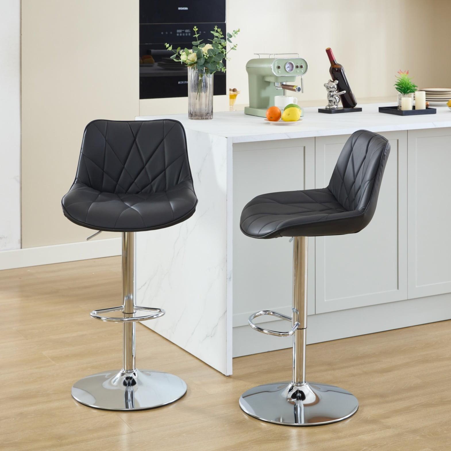 Black PU Adjustable Swivel Bar Stools with Chrome Base, Set of 2