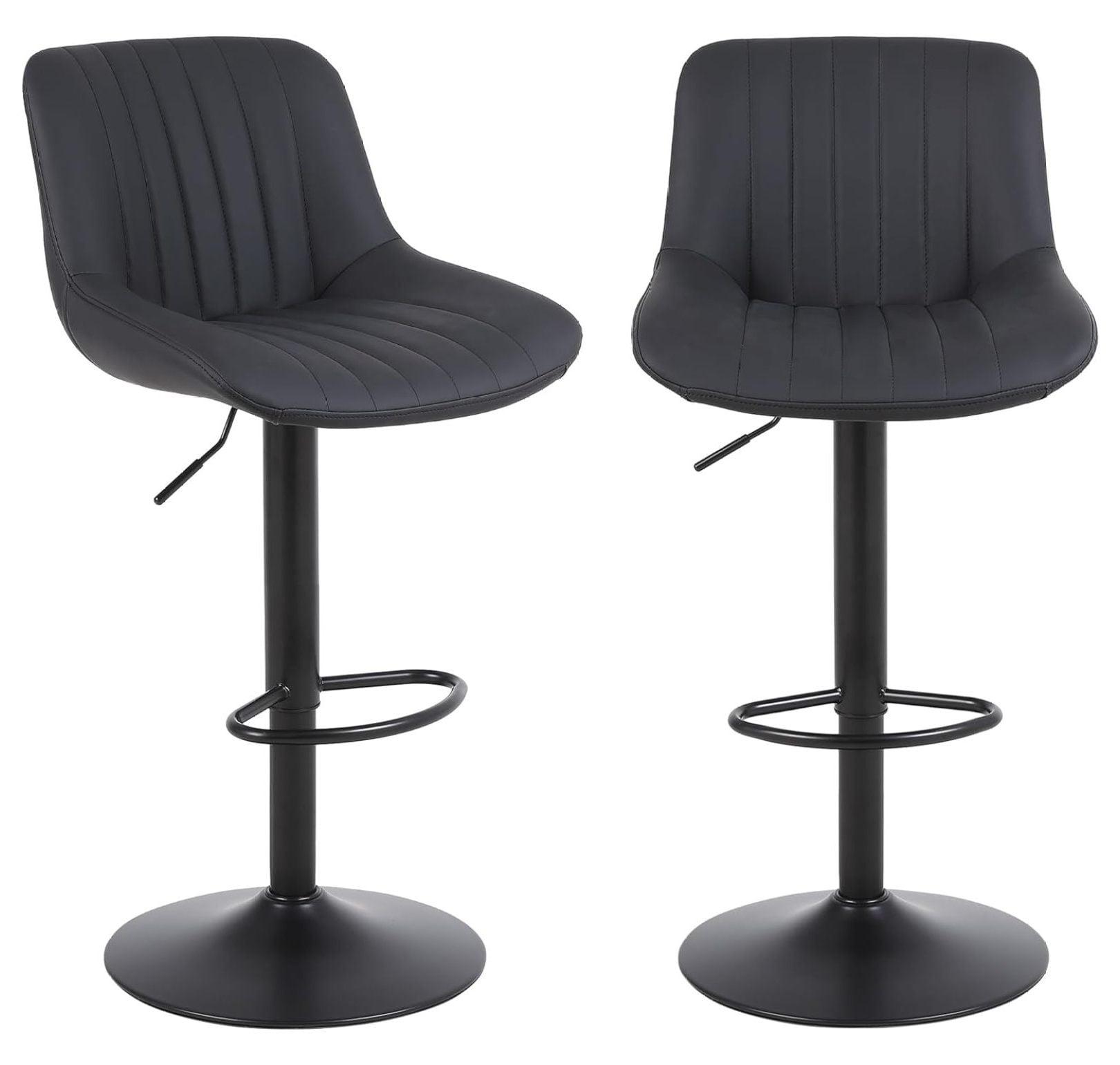 Adjustable Black Leather Swivel Bar Stools with Metal Pedestal Base, Set of 2