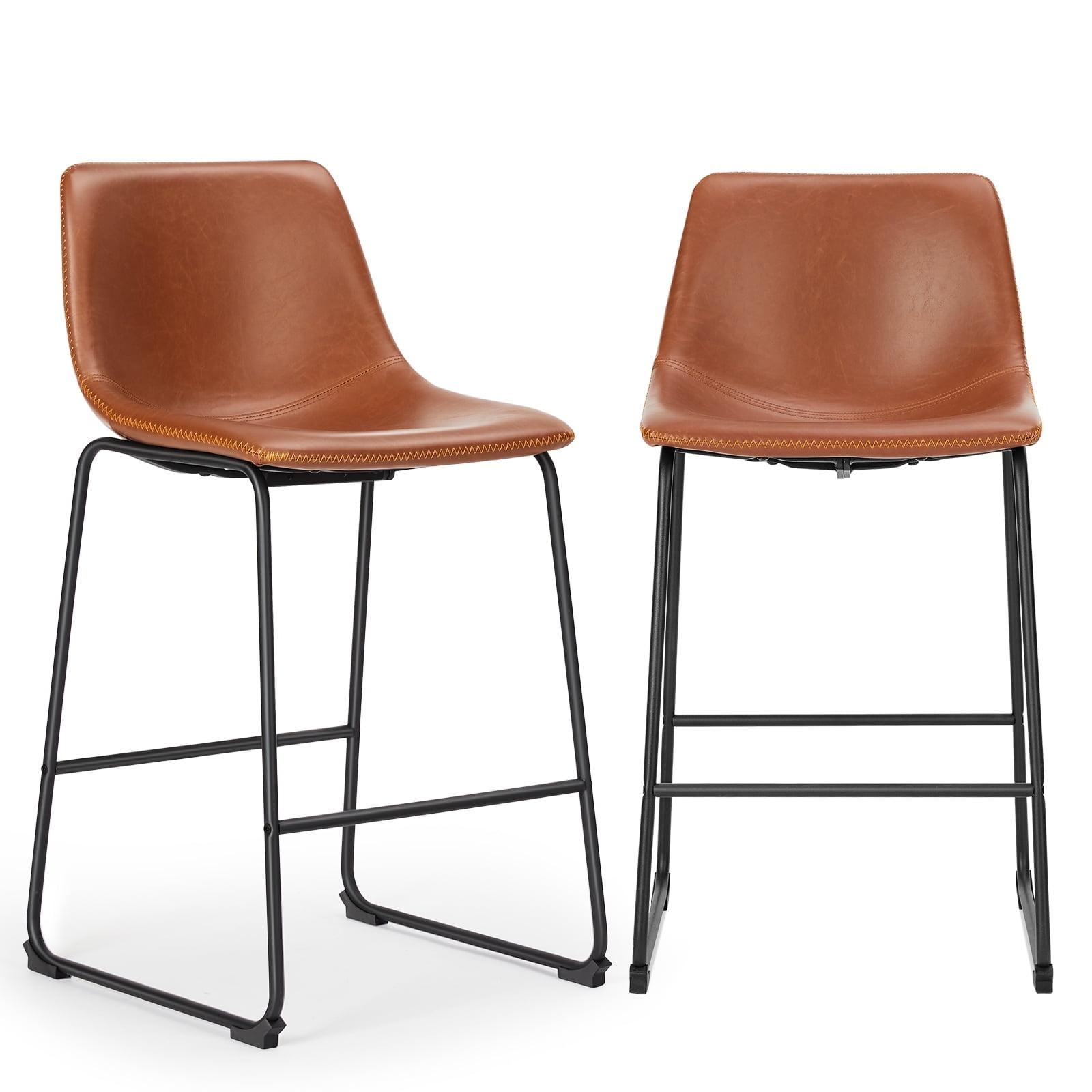 Brown Faux Leather 26" Counter Height Bar Stools with Metal Frame, Set of 2