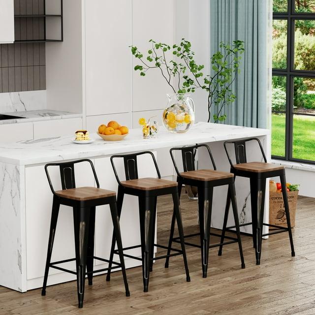 Bar Stools Set of 4 Bar Height Metal Barstools with Wood Seat Low Back Kitchen Bar Chairs