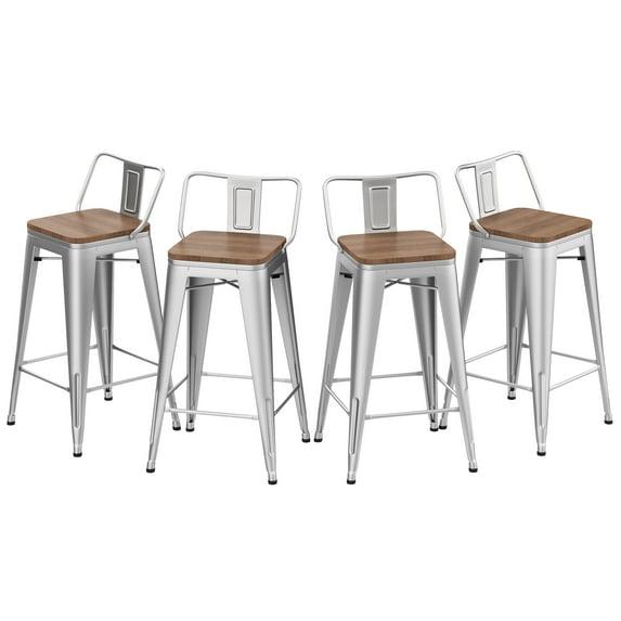 Bar Stools Set of 4 Bar Height Metal Barstools with Wood Seat Low Back Kitchen Bar Chairs
