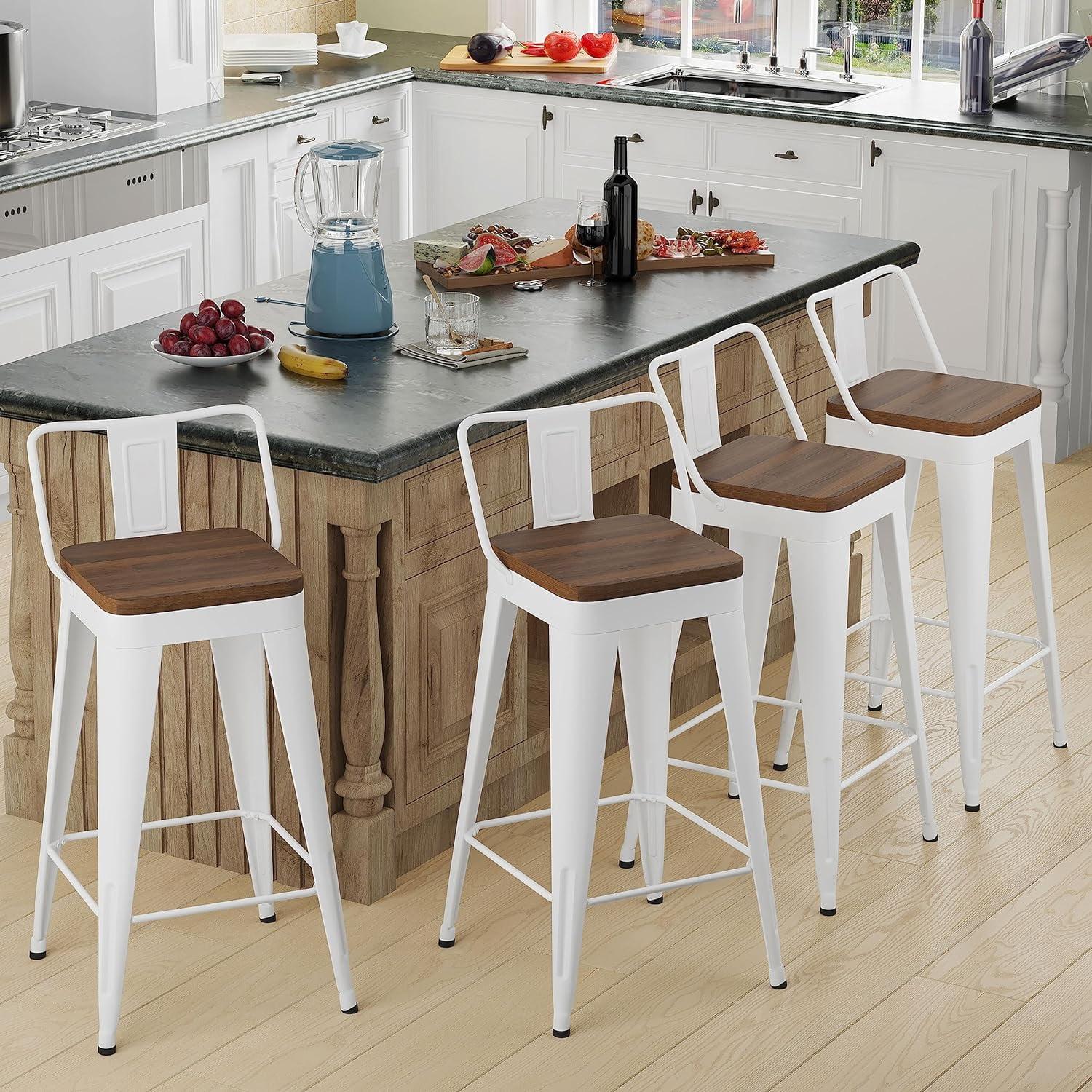 White Swivel Metal Bar Stools with Wooden Seat, Set of 4