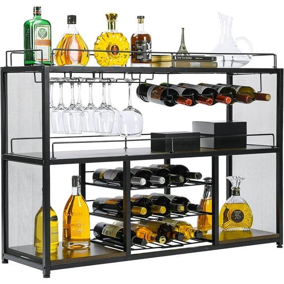 Bar Table Cabinet, Industrial Wine Coffee Bar Liquor Cabinet Freestanding, Farmhouse Storage Display Cabinet with Glass Holder & Sliding Wine Racks (Black)