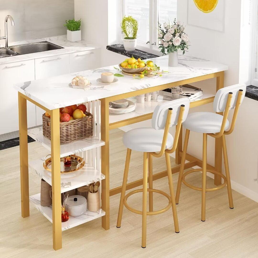 Modern White Faux Marble Bar Table with Gold Frame and 2 PU Cushion Stools