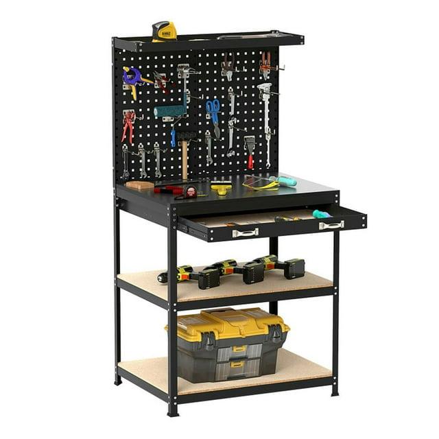 Topcobe 32 x 16 Inch Workbench Work Table with 2 PCs Pegboard Drawer and Shelves, Modern Furniture for Indoor-Black