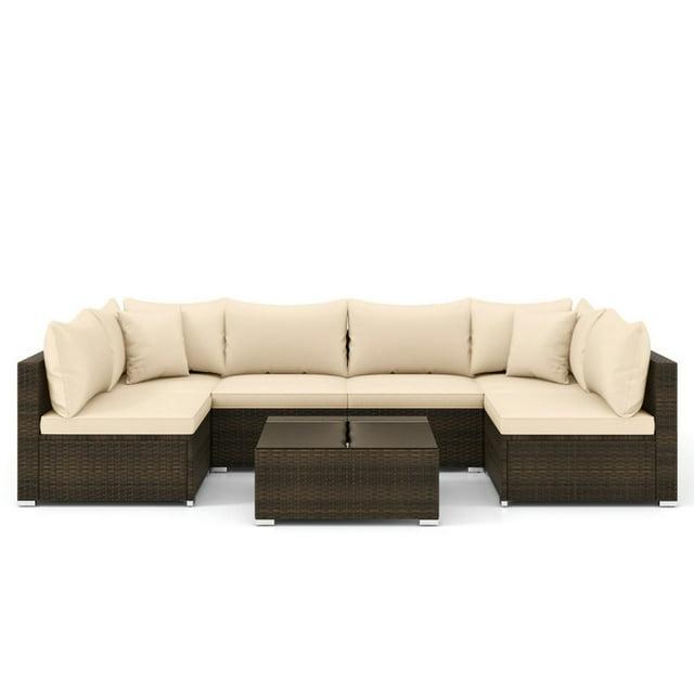 Topcobe 7 Pieces Patio Rattan Furniture Set with Sectional Sofa Cushions, Outdoor Patio Furniture-Beige