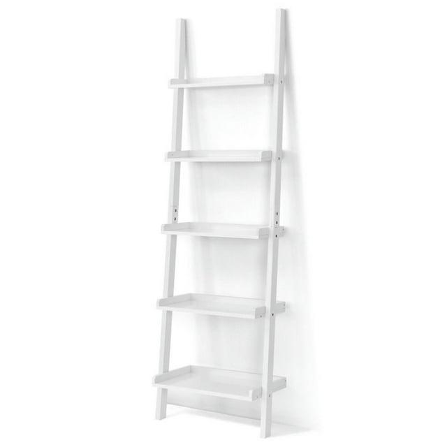 Kepooman Bookcase, Bookshelf, Display Storage Rack Shelf, 5-Tier Wall-leaning Ladder Shelf Display Rack for Plants and Books-White
