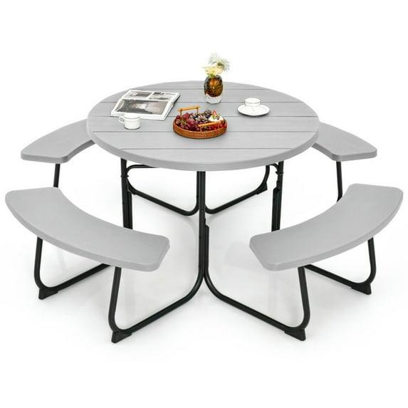 Costway Outdoor 8-person Round Picnic Table Bench Set with 4 Benches & Umbrella Hole Grey