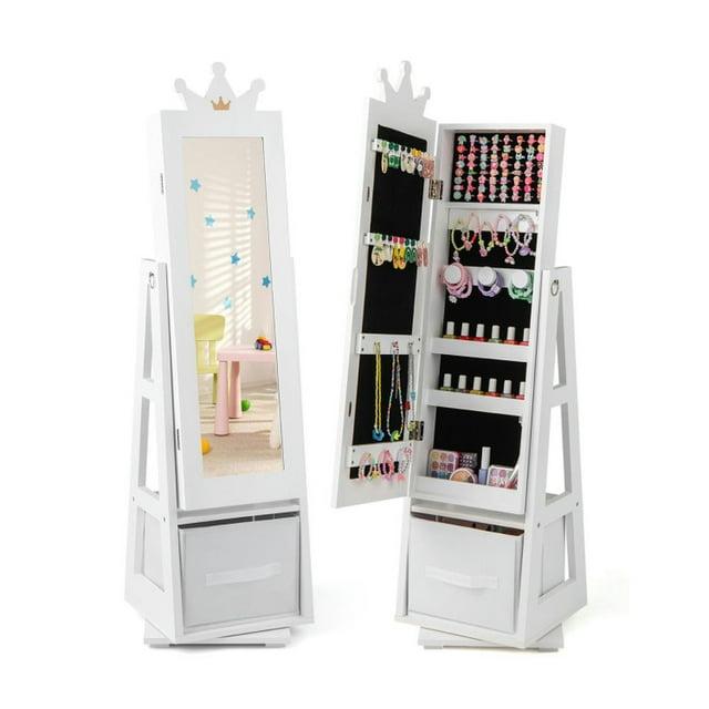 Tangkula Kids Jewelry Cabinet with Full-Length Mirror Drawer 2 Adjustable Tilt Angles White