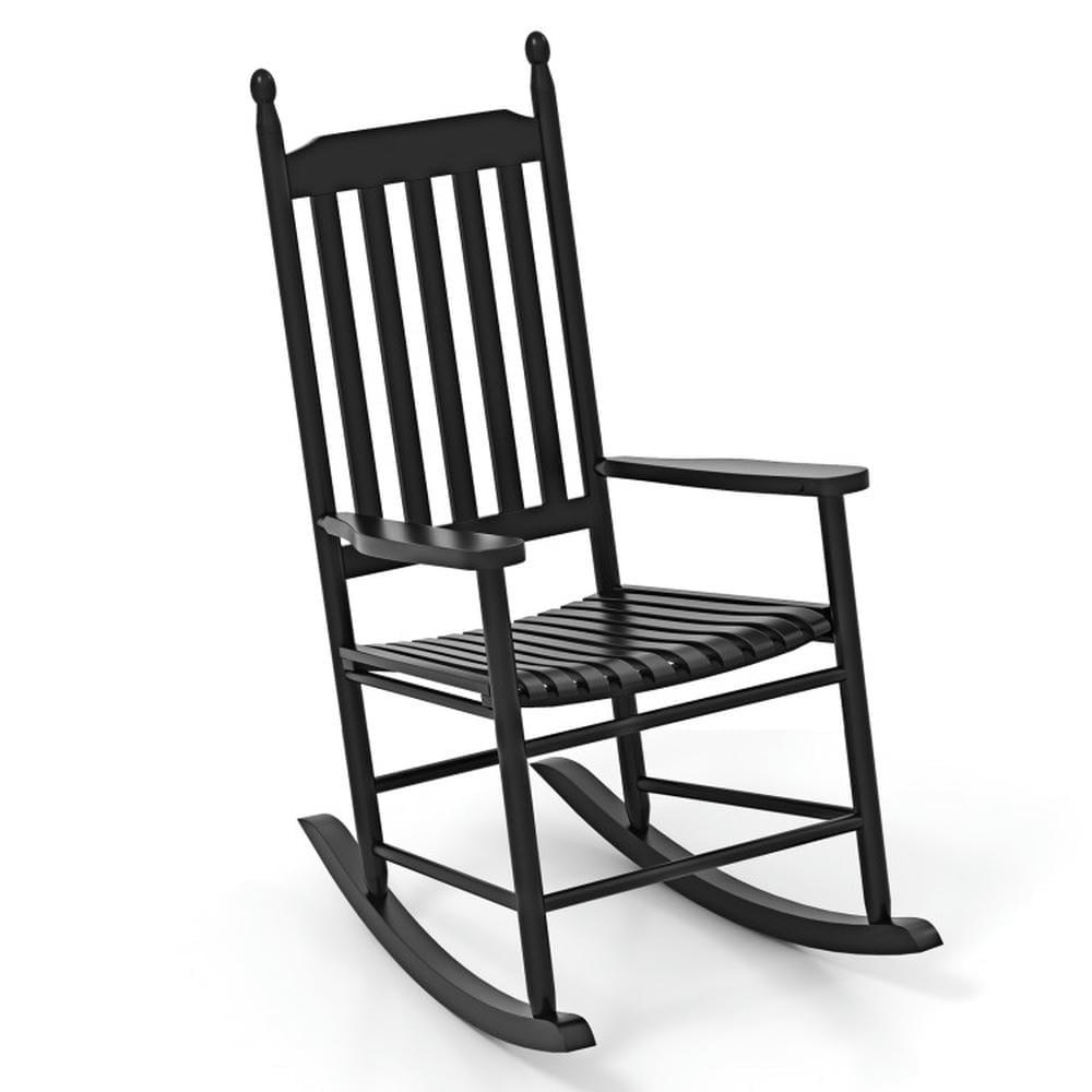 Costway Outdoor Wooden Rocking Chair with Solid Rocking Base Slatted Seat & Back Patio Black