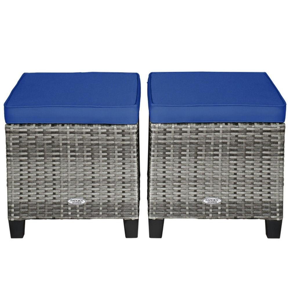 Set of 2 Wicker Ottomans, Multipurpose Outdoor Furniture for Patio, Backyard, Additional Seating, Footrest, Side Table w/Removable Cushions, Steel Frame - Gray/Navy