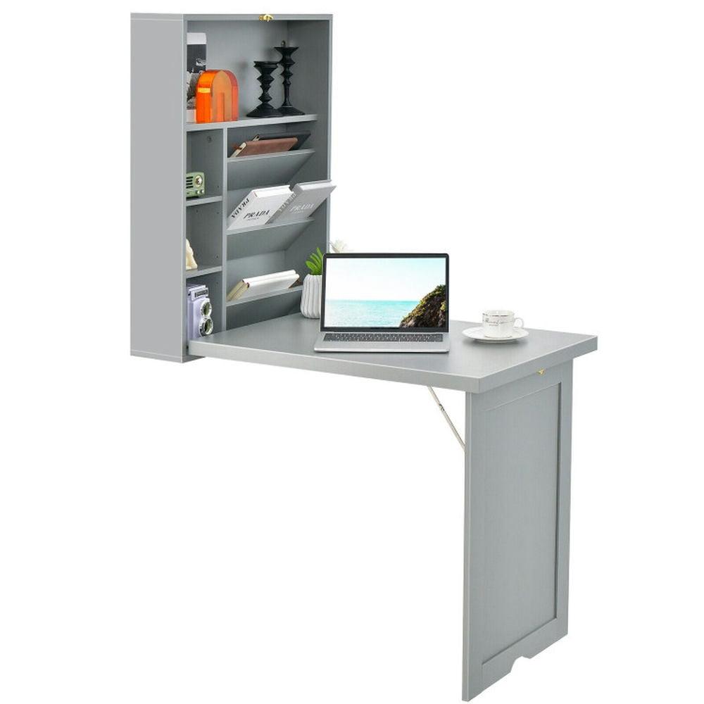 Costway Wall Mounted Computer Convertible Desk Floating Desk w/ Storage Bookcases Grey