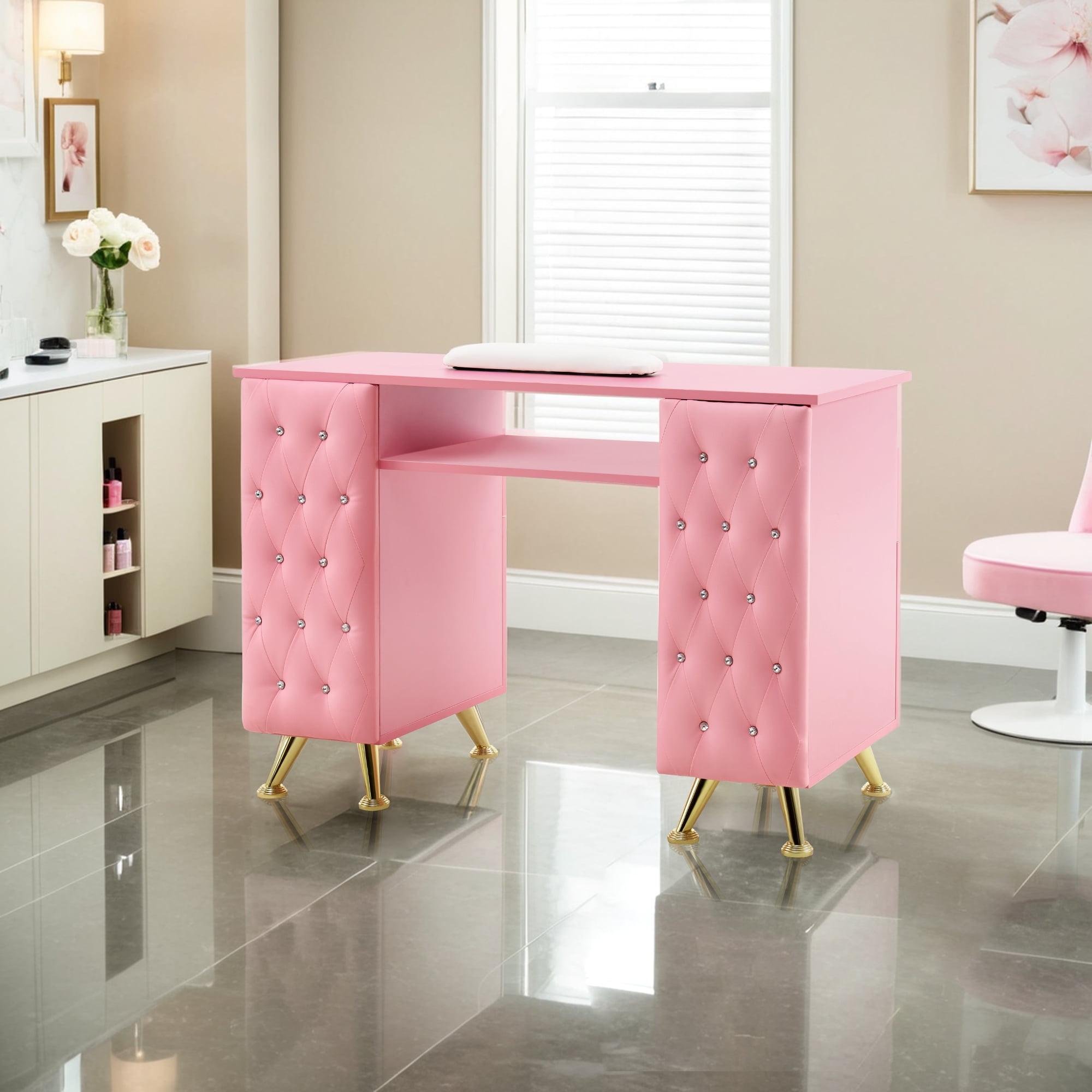 BarberPub Rectangular Manicure Table, Pink Nail Desk Storage Equipment with Drawer, 2671