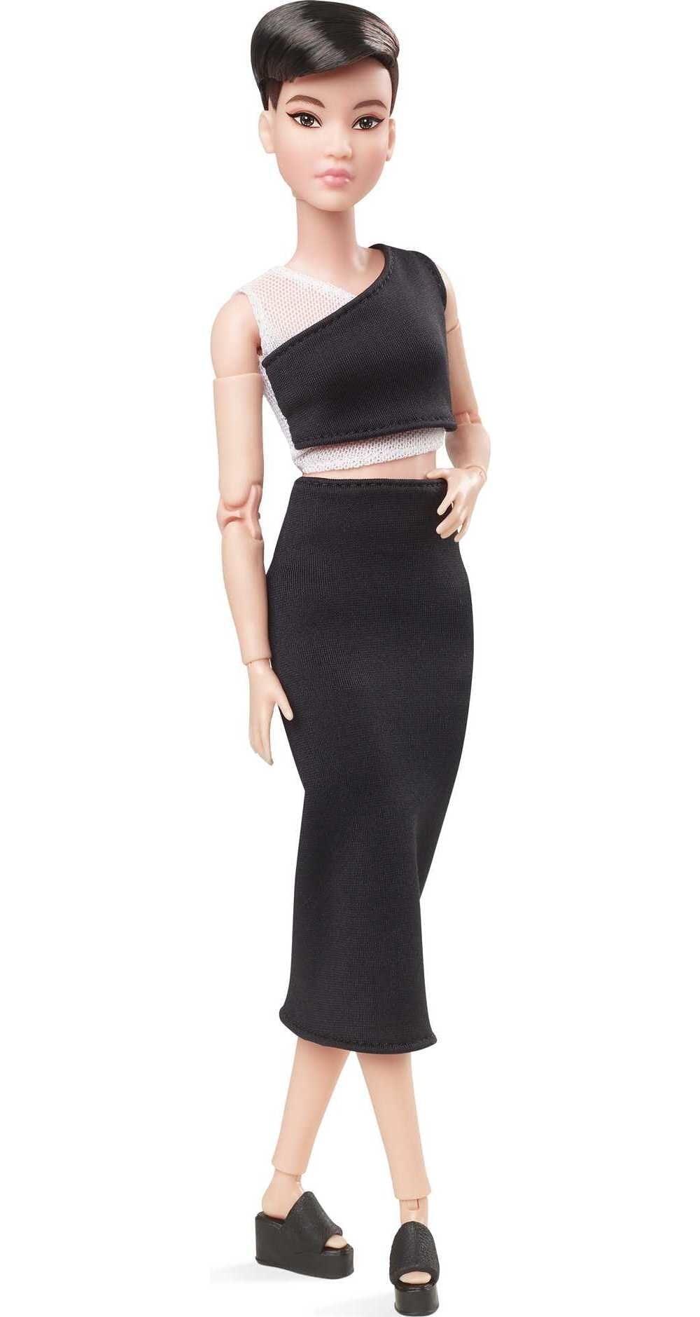 Petite Brunette Fashion Doll with Black Midi Skirt