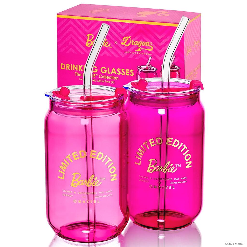 Limited Edition Pink and Magenta Glass Tumblers with Lids and Straws, Set of 2