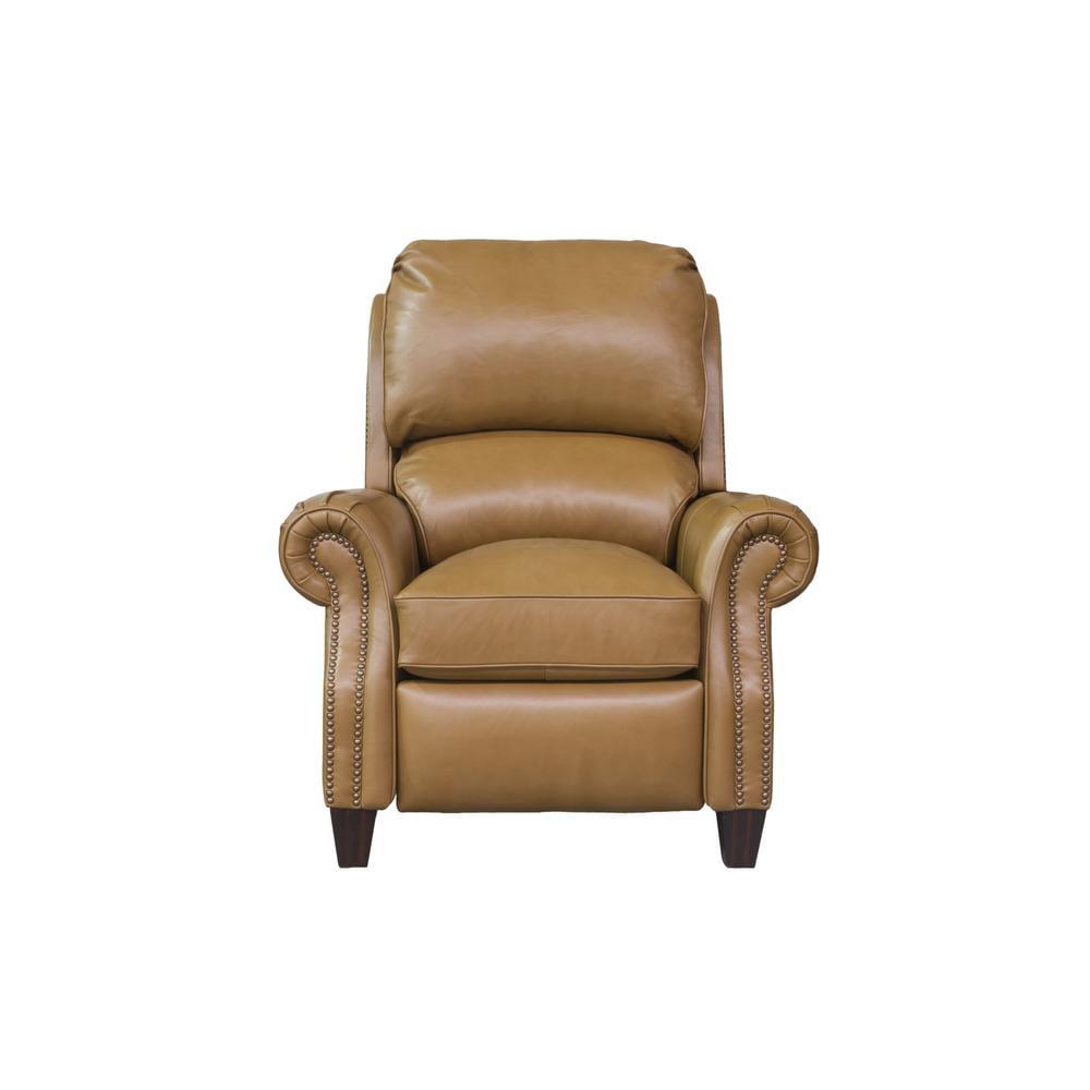 Traditional Luxe Yellow Leather Recliner with Wood Accents and Nailhead Trim