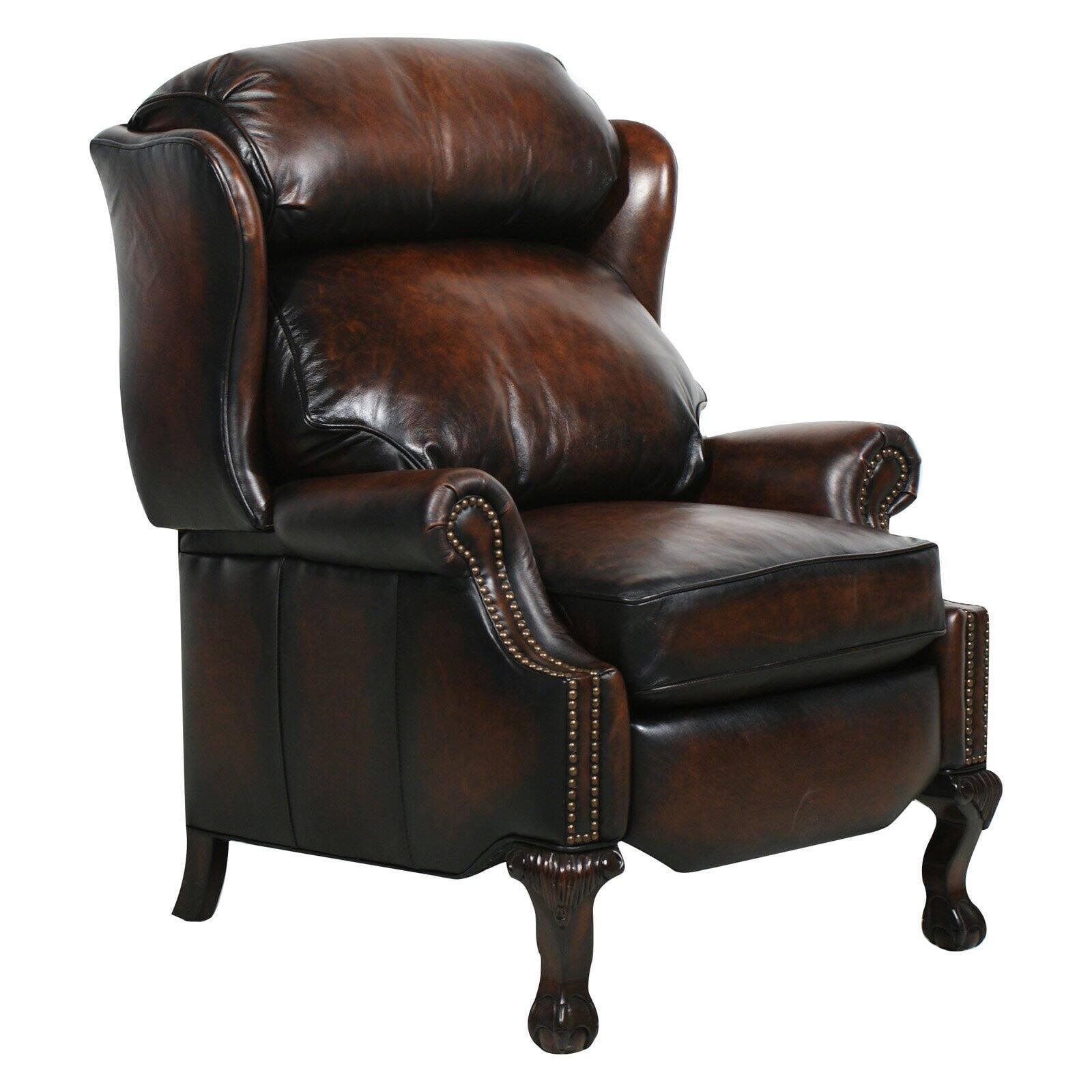 Danbury Traditional Blue Leather Recliner with Wood Claw Legs