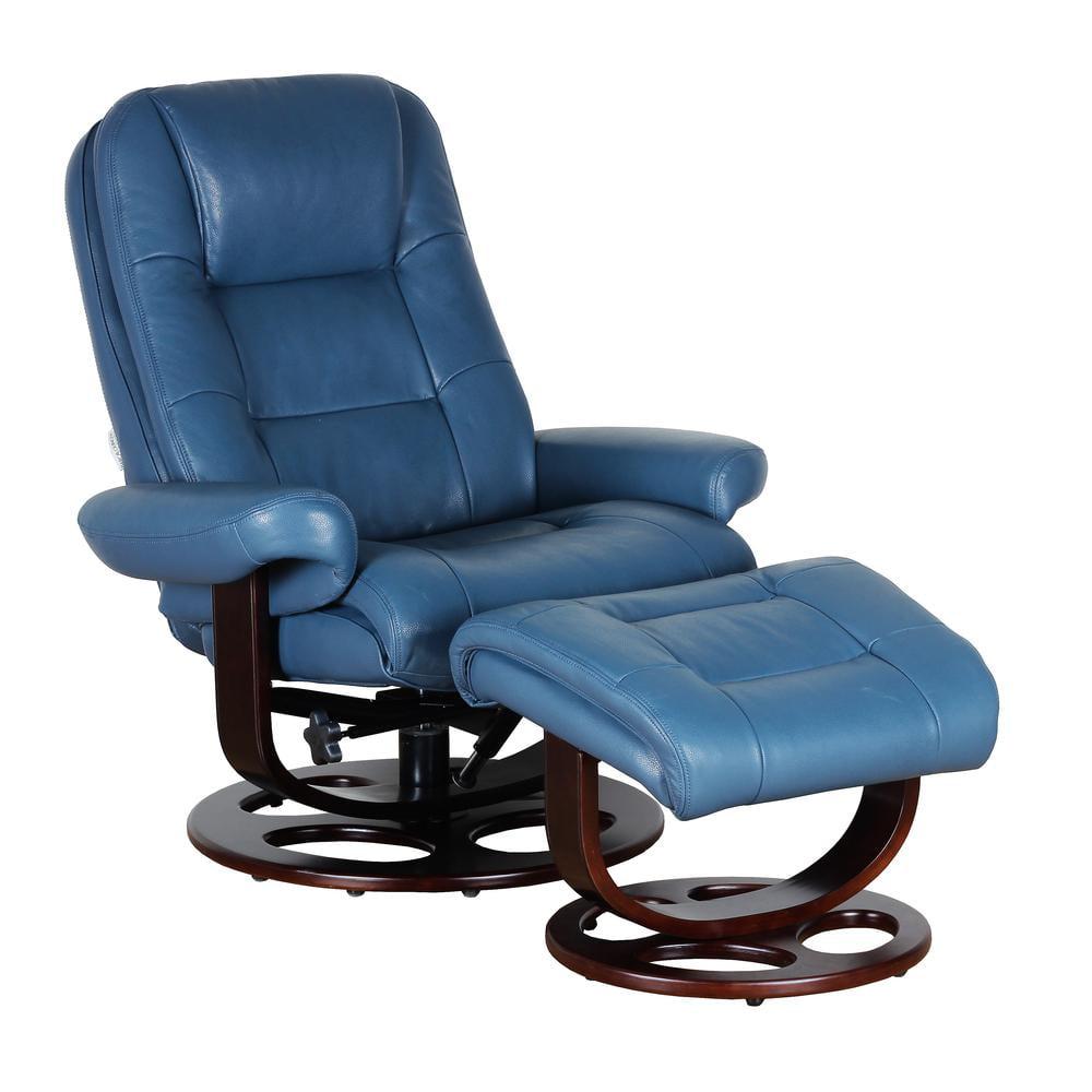 Roman Blue Leather Swivel Recliner with Cappuccino Finish