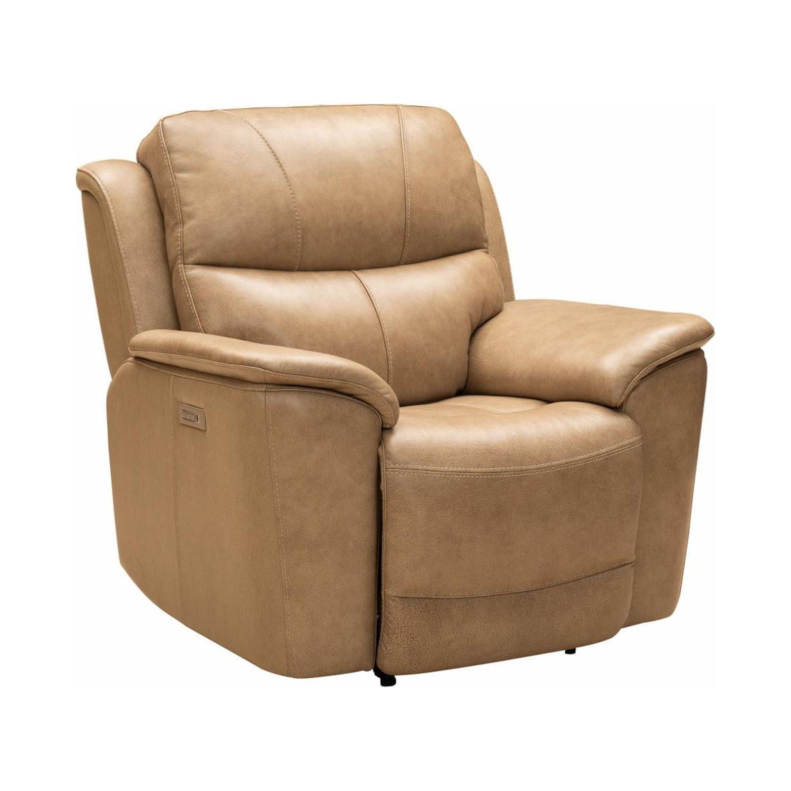 Beige Leather Power Recliner with Wood Accents