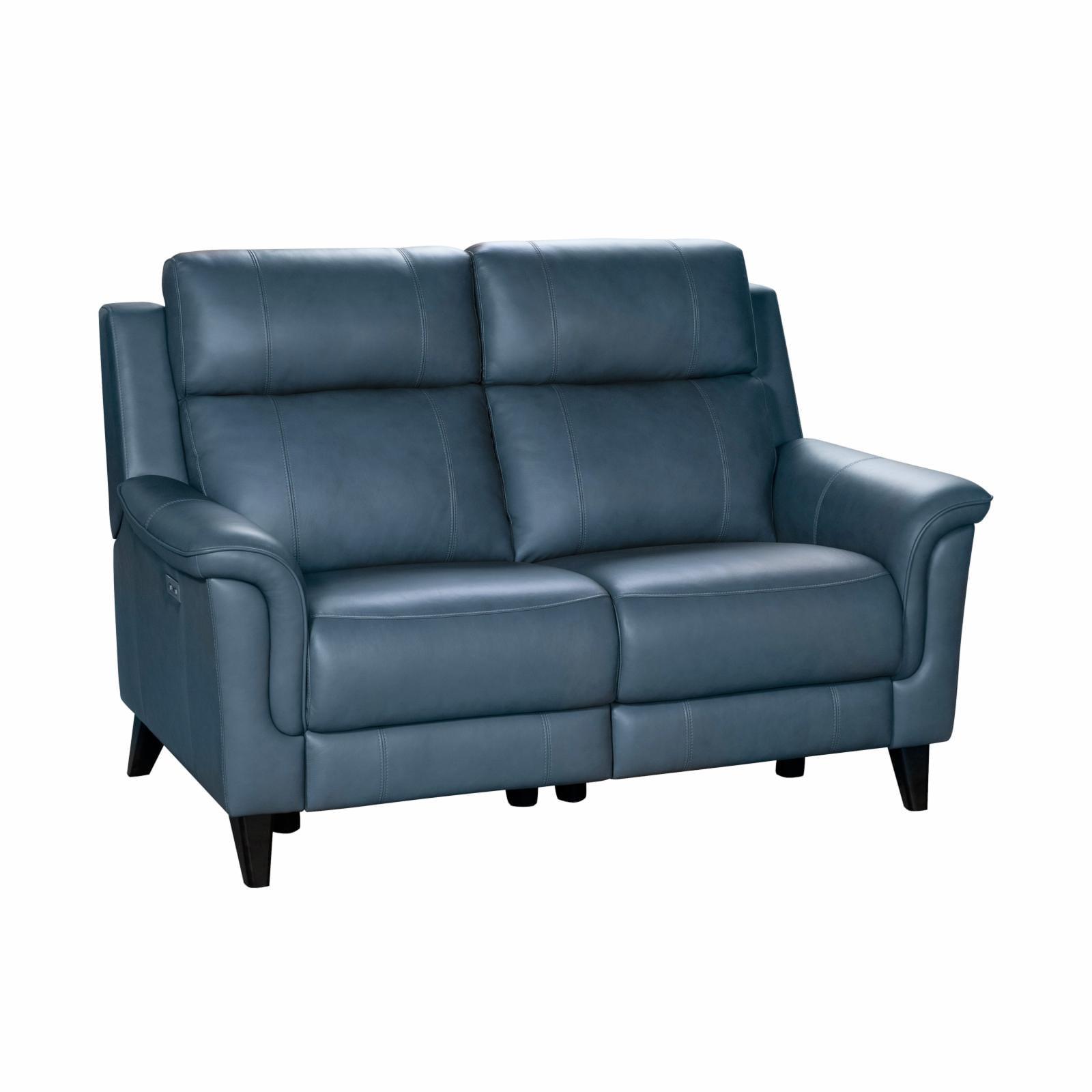 Masen Bluegray Leather Power Reclining Loveseat with Teak Wood Legs