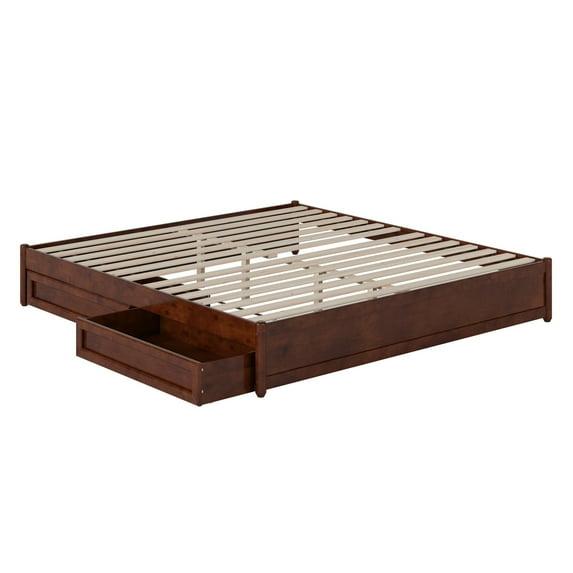 Barcelona King Solid Wood Panel Platform Bed with Storage Drawers in Walnut